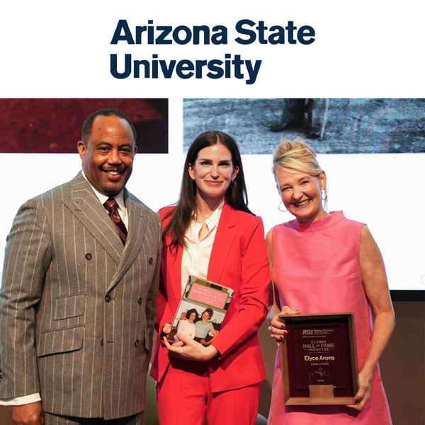 Three people holding awards with 'Arizona State University' text above