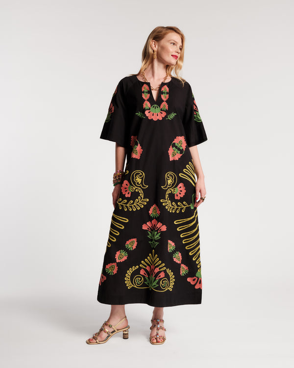 Embroidered Charming Caftan - Canopy Black/Green Dresses Frances Valentine