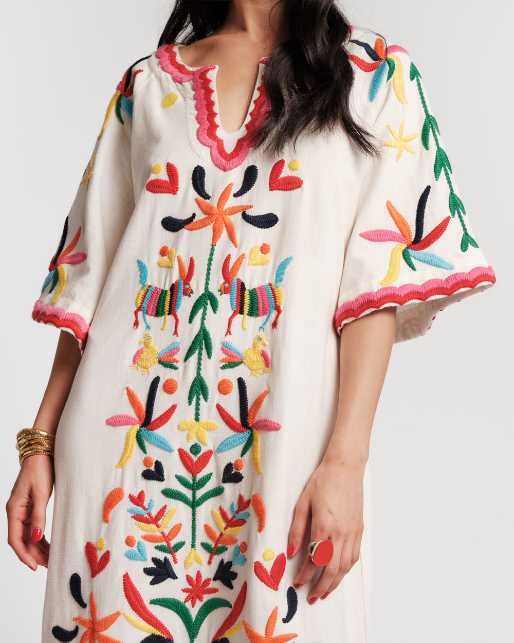 Embroidered Charming Caftan - Veracruz Embroidery Oyster Dresses Frances Valentine