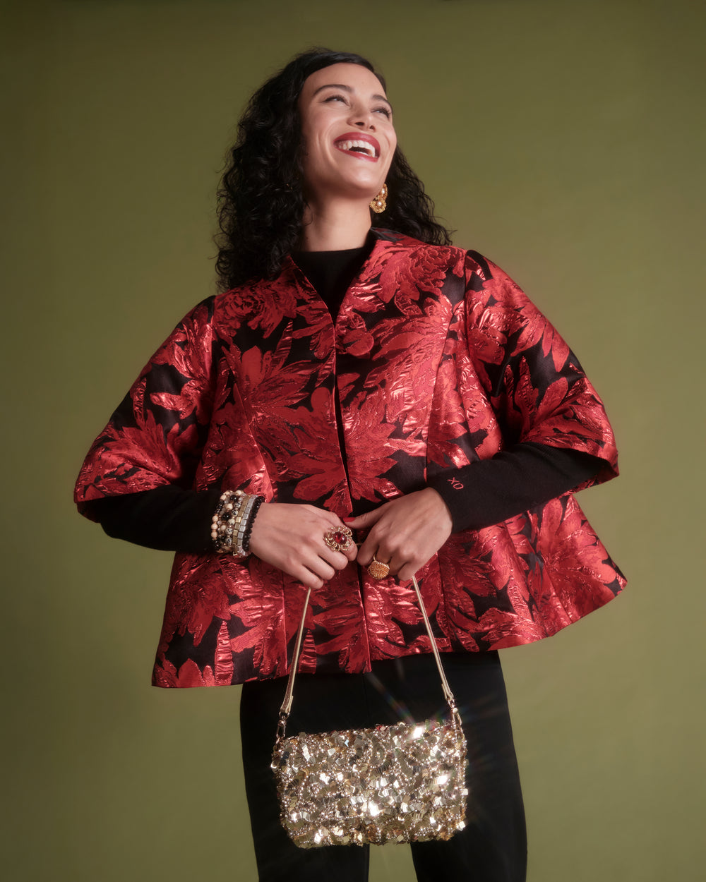 Swing Jacket - Metallic Floral Jacquard Red Coats & Jackets Frances Valentine