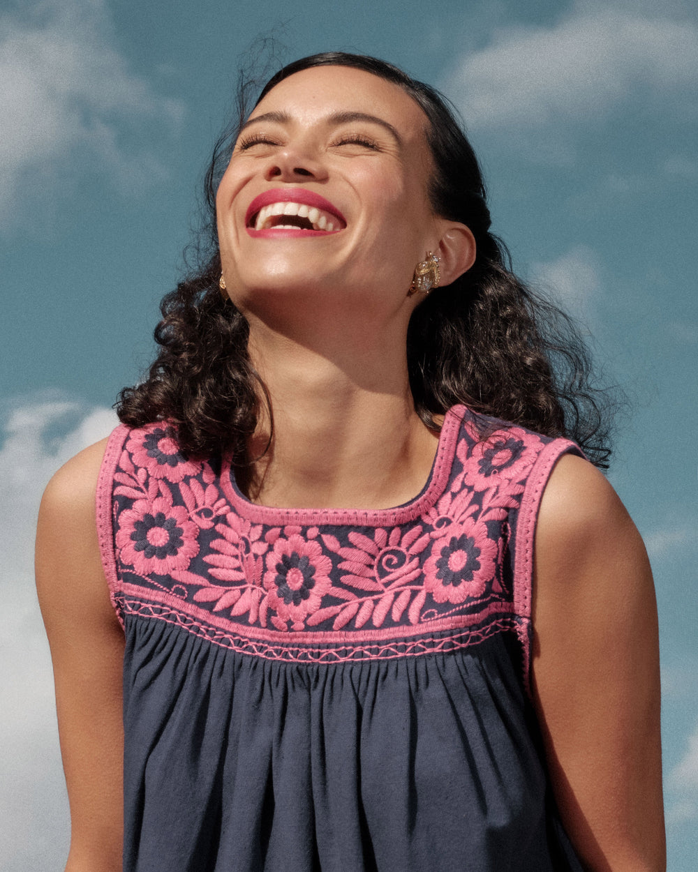 Jess Floral Embroidery Top - Navy Tops Frances Valentine