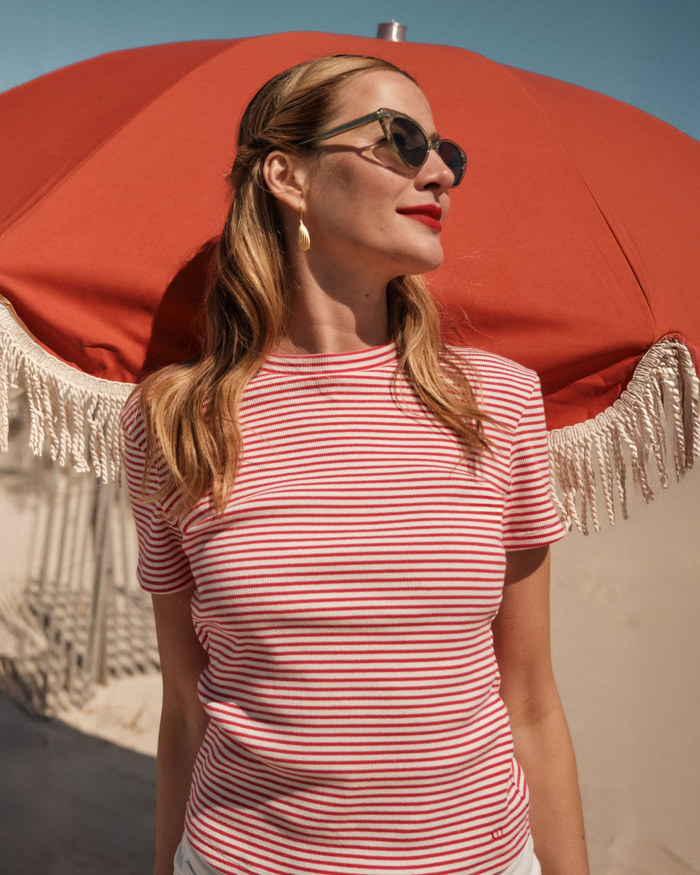Crewneck Ribbed Tee - Stripe Cotton Red/White Shirt Frances Valentine
