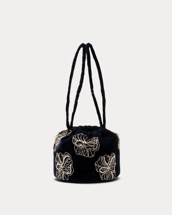 Velvet Pouf Bag Floral Embroidery - Navy/Silver Bucket Bag Frances Valentine