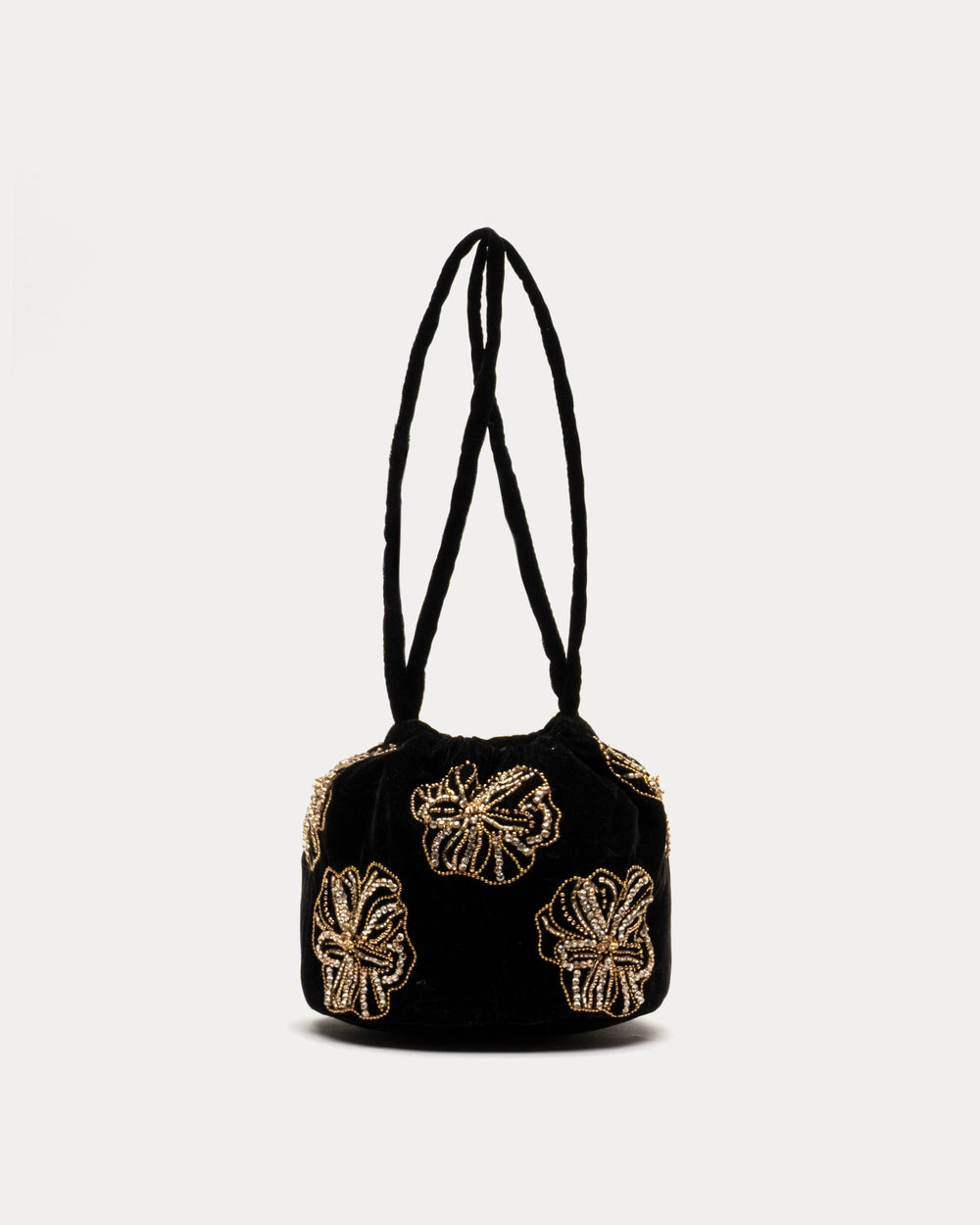 Velvet Pouf Bag Floral Embroidery - Black/Gold Bucket Bag Frances Valentine