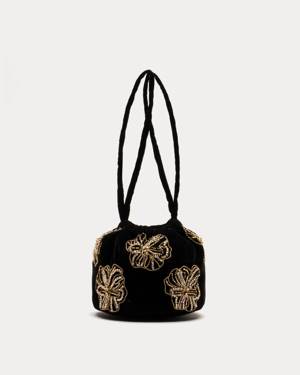 Velvet Pouf Bag Floral Embroidery - Black/Gold Bucket Bag Frances Valentine