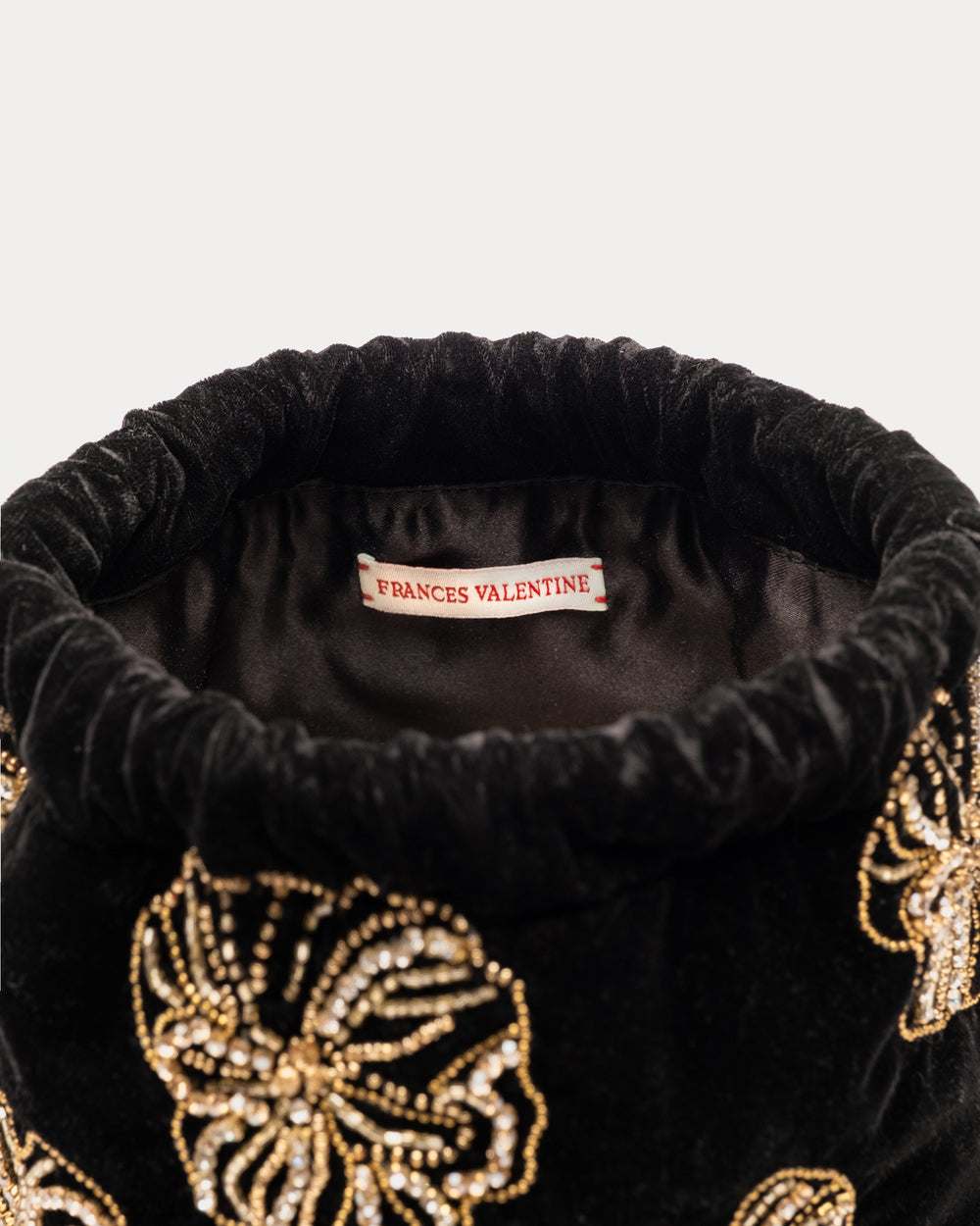 Velvet Pouf Bag Floral Embroidery - Black/Gold Bucket Bag Frances Valentine