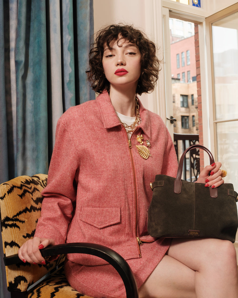 Riff Jacket - Pink Herringbone Wool Pink Coats & Jackets Frances Valentine