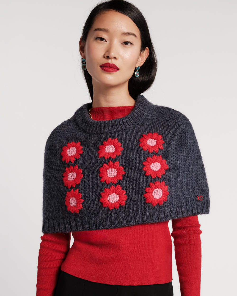 Emma Embroidered Flower Shrug - Navy Sweater Frances Valentine