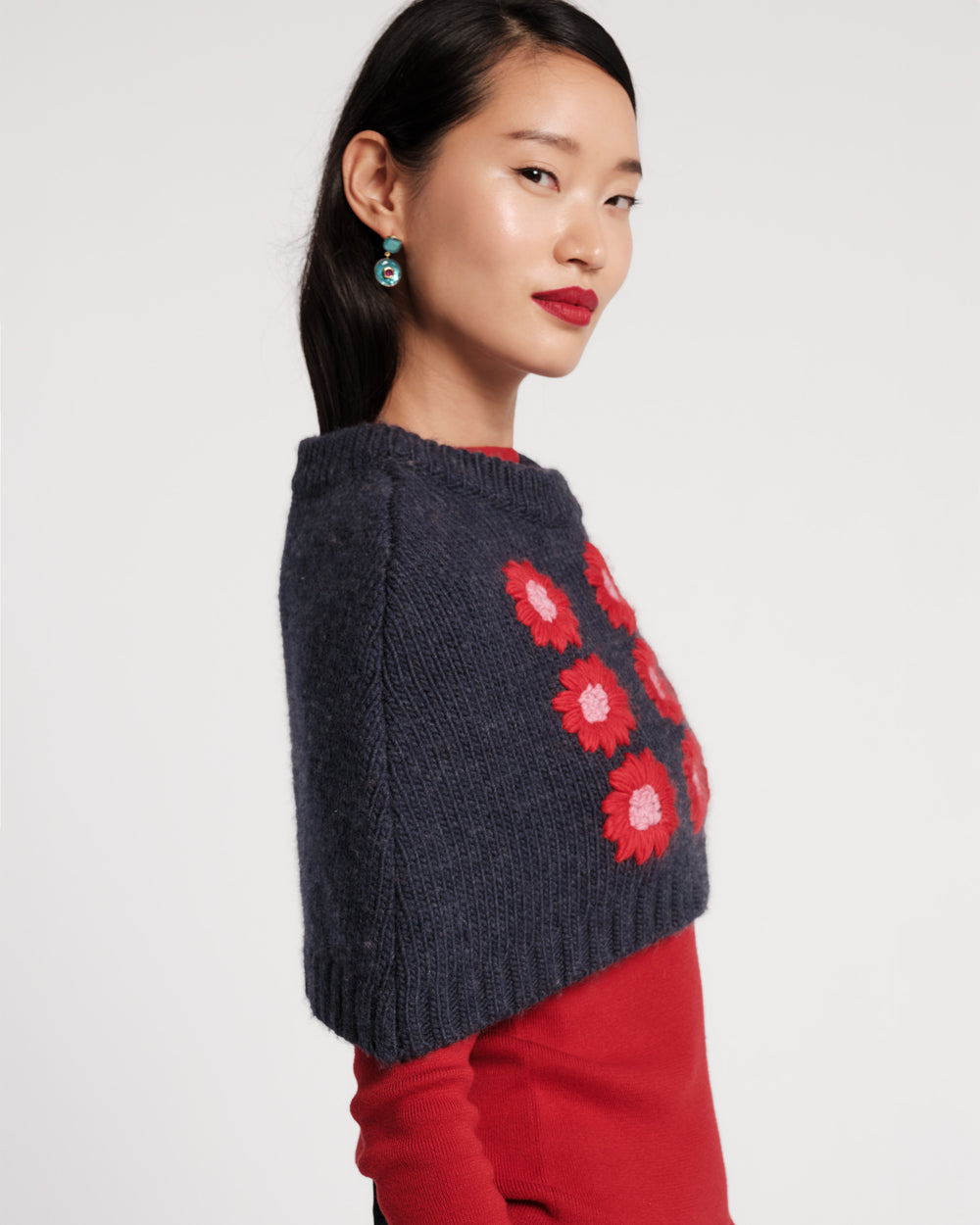 Emma Embroidered Flower Shrug - Navy Sweater Frances Valentine