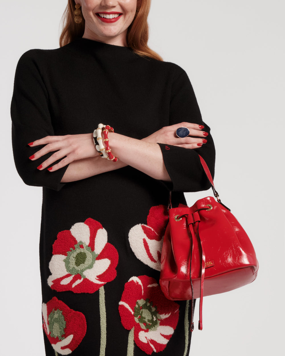 Medium Minnie Bucket - Crinkled Leather Red Bucket Bag Frances Valentine