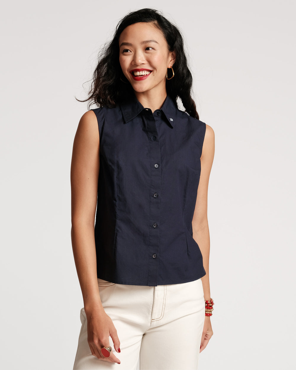 Lizzie Pointed Collar Shell Cotton Navy Tops Frances Valentine