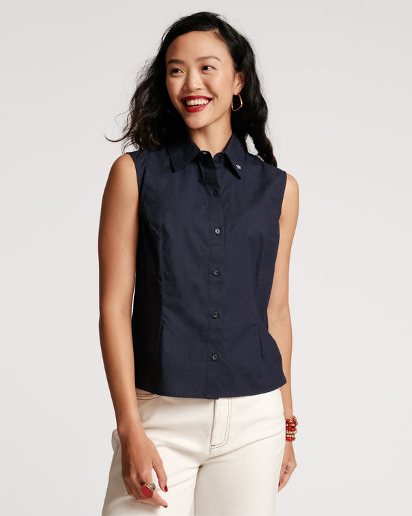 Lizzie Pointed Collar Shell Cotton Navy Tops Frances Valentine