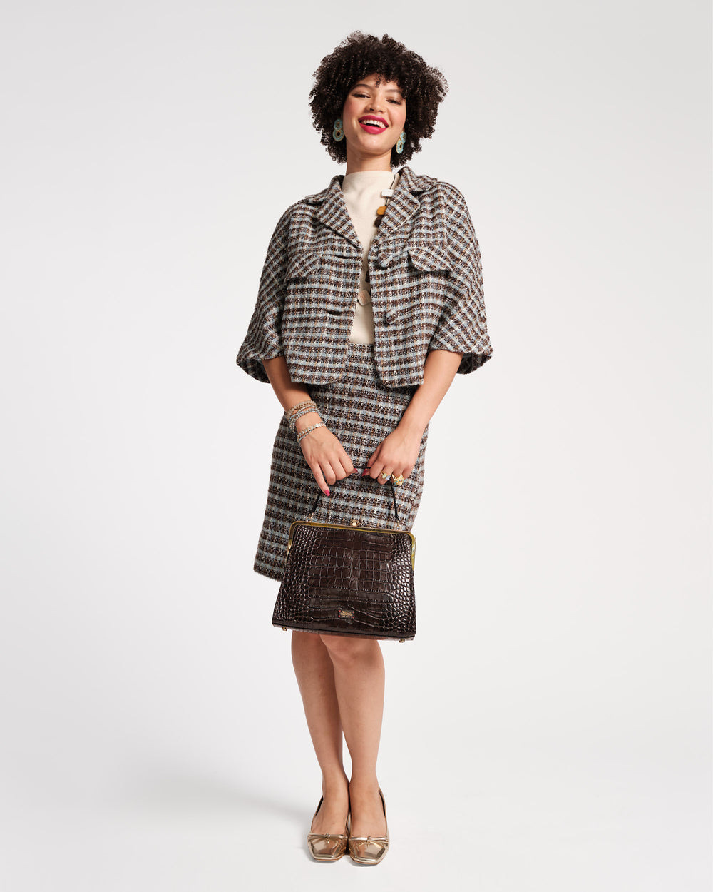 Wool Plaid Pencil Skirt - Brown/Blue Skirts Frances Valentine