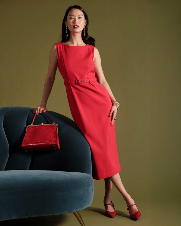 Audrey Belted Midi Dress - Red Dresses Frances Valentine