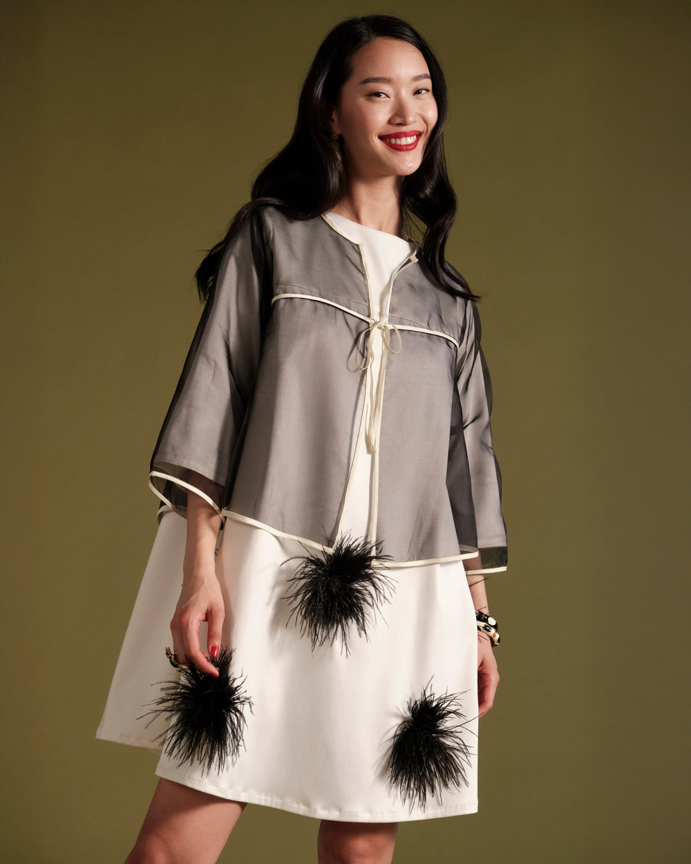 Edie Feather Mini Dress - White/Black Dresses Frances Valentine