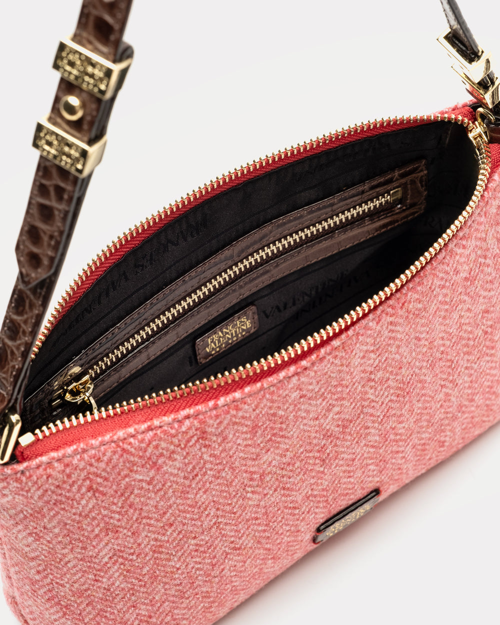 Freddie Shoulder Bag - Pink Herringbone Wool Shoulder Bag Frances Valentine