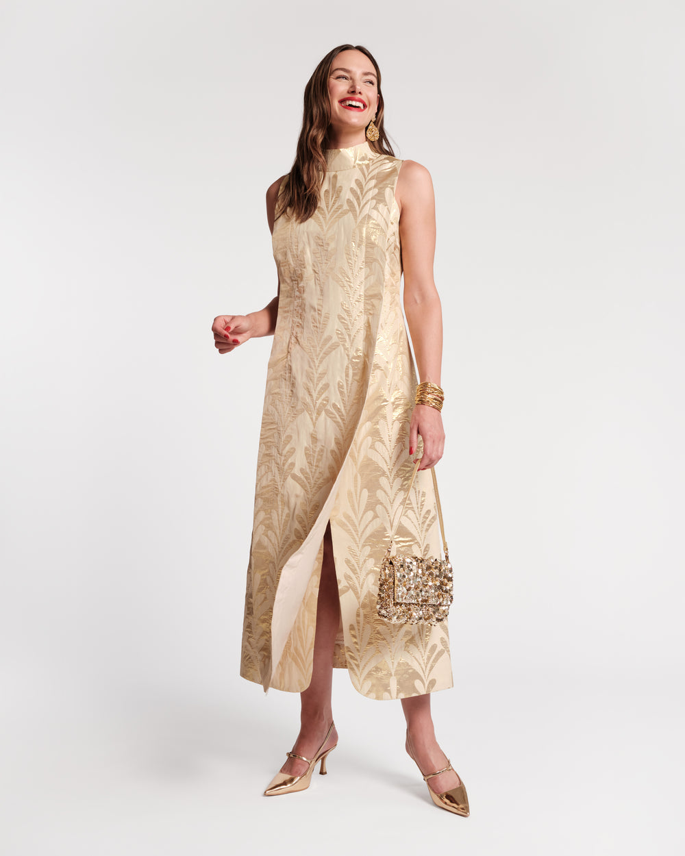 Carlyle Maxi Dress - Royal Palm Jacquard Gold Dresses Frances Valentine