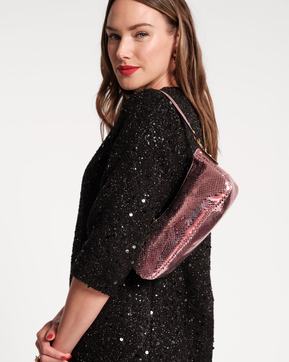 Mia Metallic Snake Leather - Pink Shoulder Bag Frances Valentine
