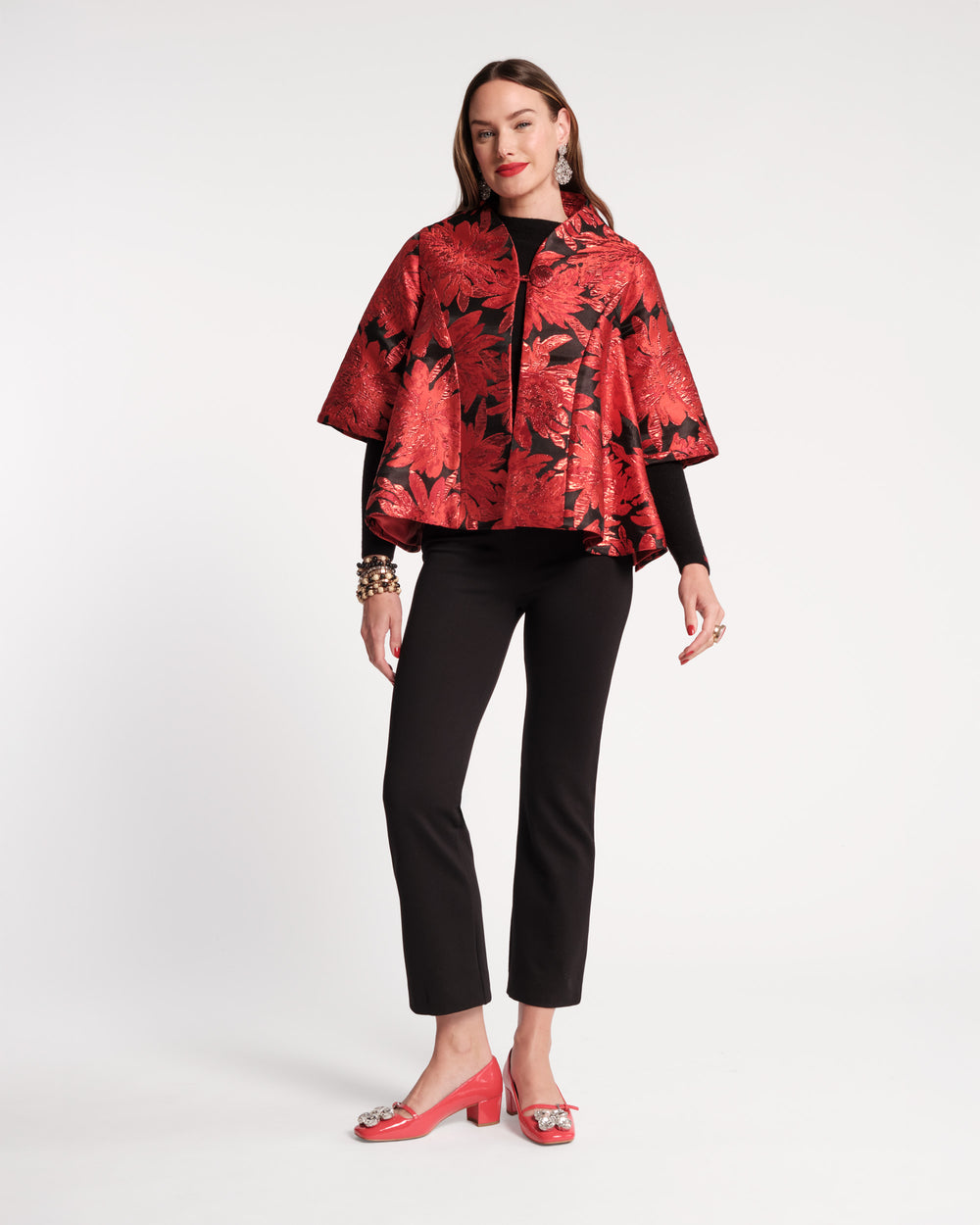 Swing Jacket - Metallic Floral Jacquard Red Coats & Jackets Frances Valentine
