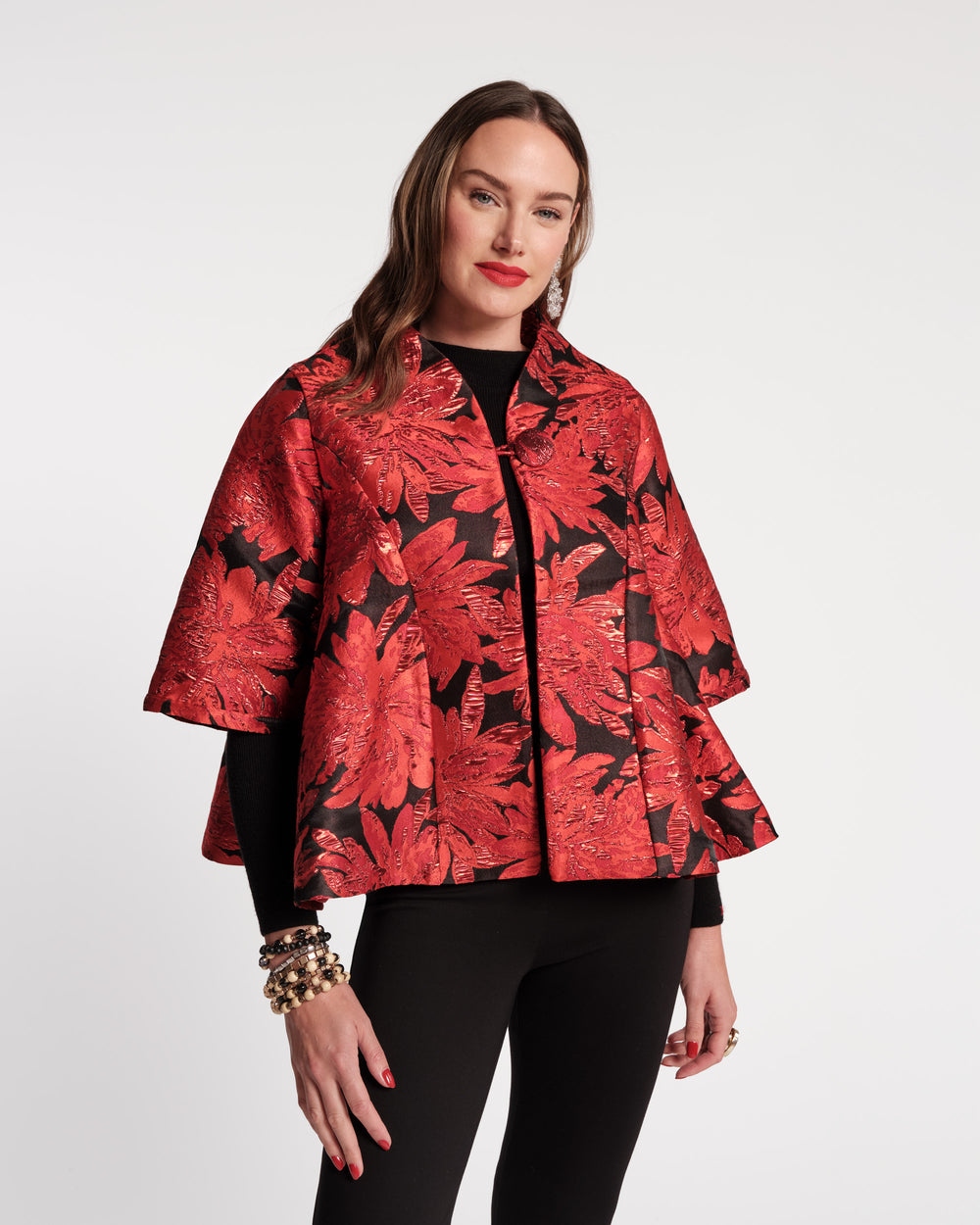 Swing Jacket - Metallic Floral Jacquard Red Coats & Jackets Frances Valentine