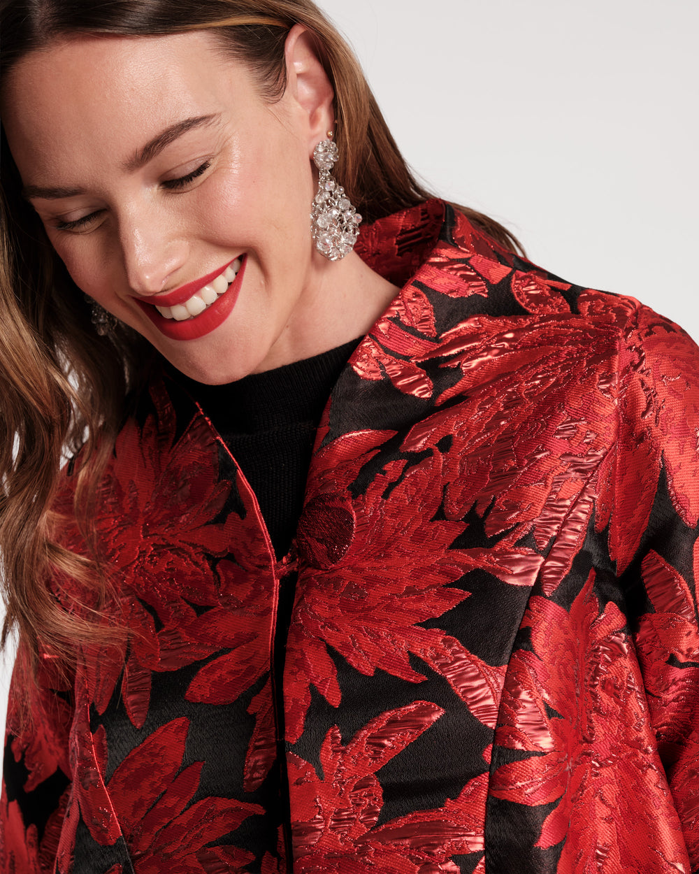 Swing Jacket - Metallic Floral Jacquard Red Coats & Jackets Frances Valentine