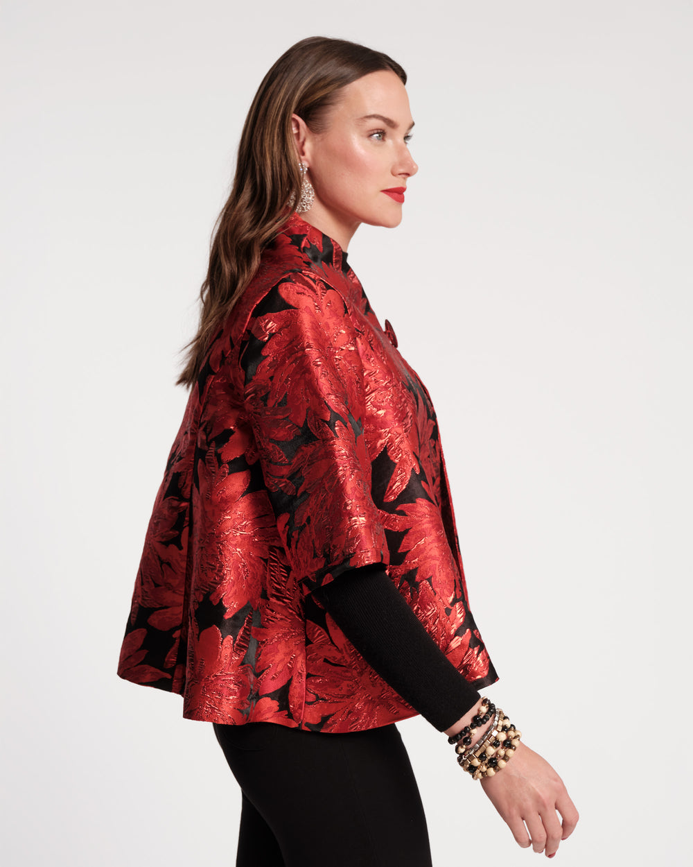 Swing Jacket - Metallic Floral Jacquard Red Coats & Jackets Frances Valentine