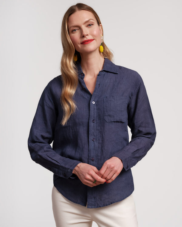 Perfect Button Down Linen - Navy Tops Frances Valentine