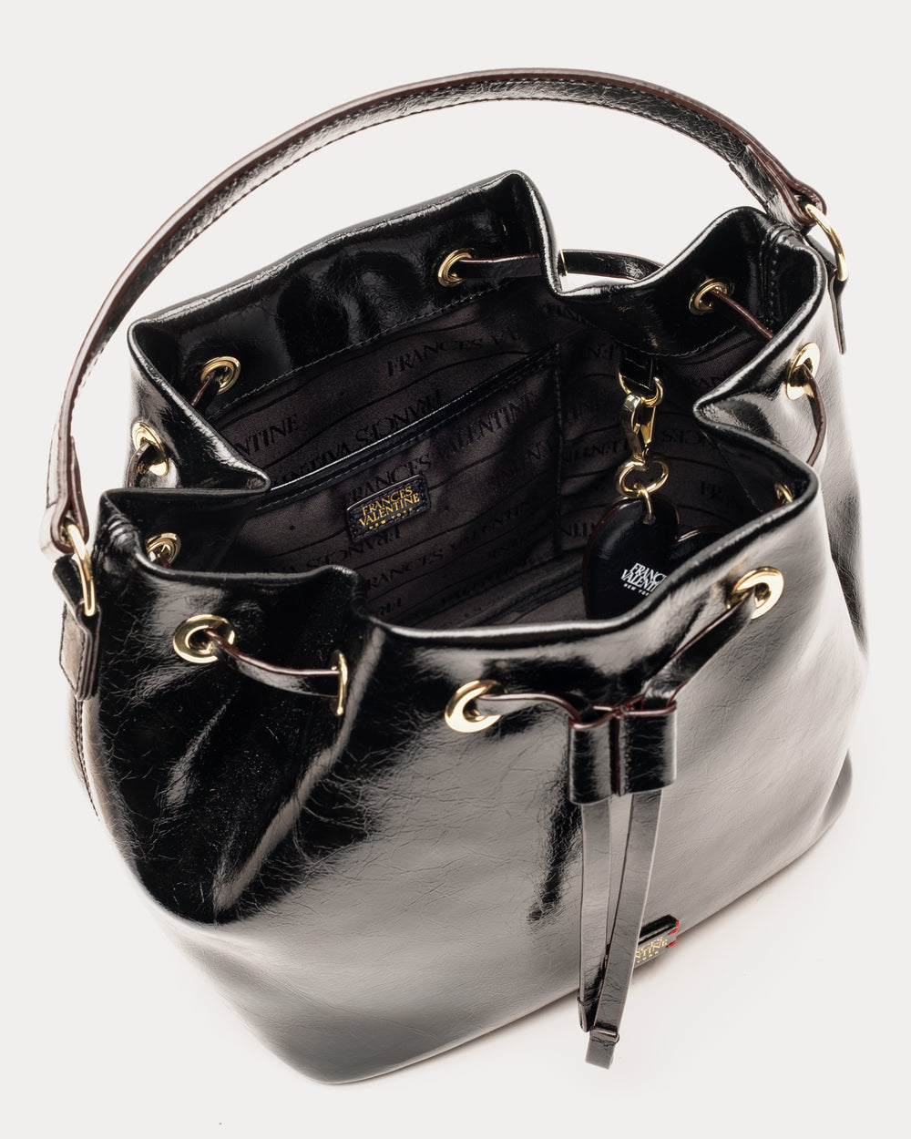 Medium Minnie Bucket - Crinkled Leather Black Bucket Bag Frances Valentine