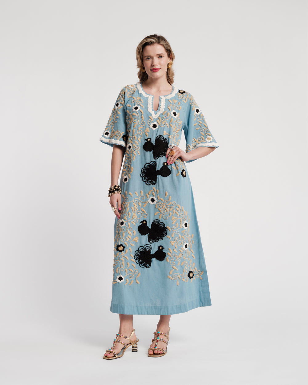 Embroidered Charming Caftan - Light Blue/Black Caftan Frances Valentine