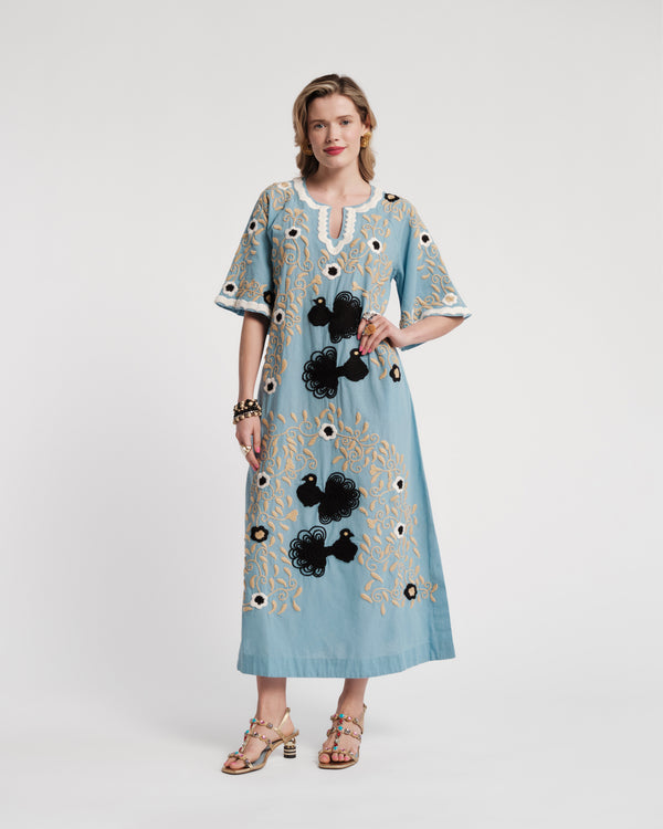 Embroidered Charming Caftan - Light Blue/Black Caftan Frances Valentine