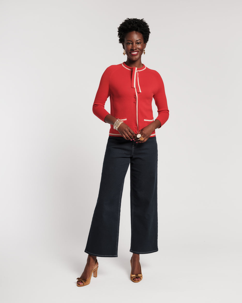 Border Tie Neck Cardigan - Red Sweater Frances Valentine