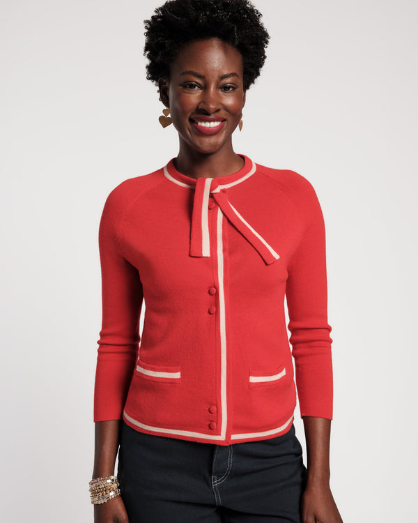 Border Tie Neck Cardigan - Red Sweater Frances Valentine