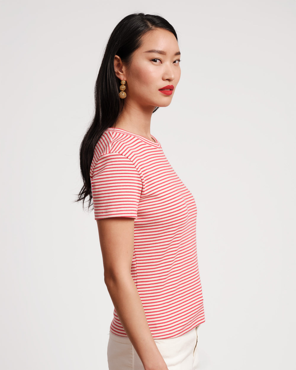 Crewneck Ribbed Tee - Stripe Cotton Red/White Shirt Frances Valentine