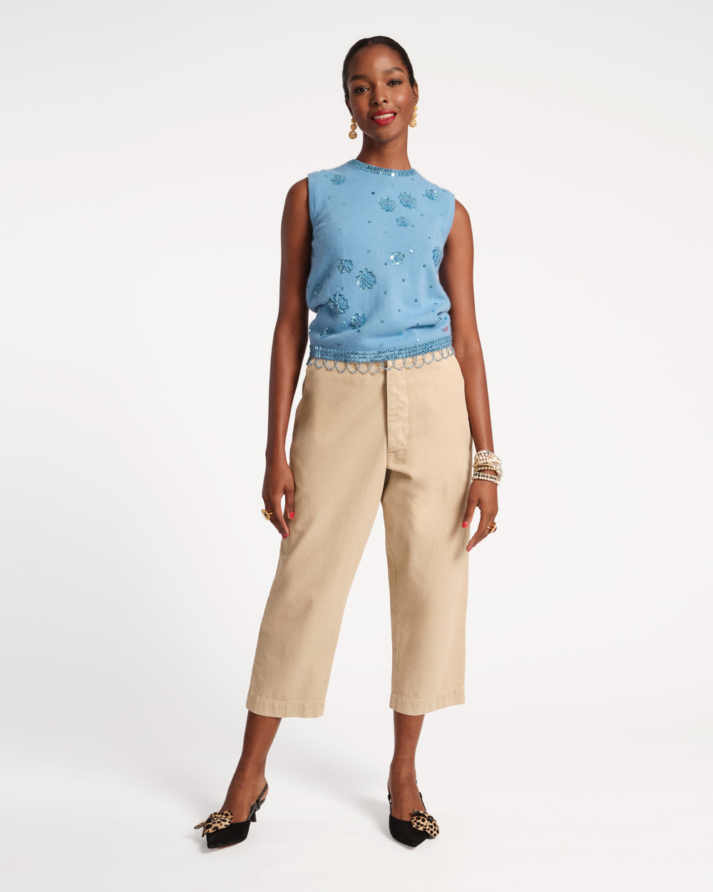 Star Embroidered Knit Shell - Light Blue Tops Frances Valentine