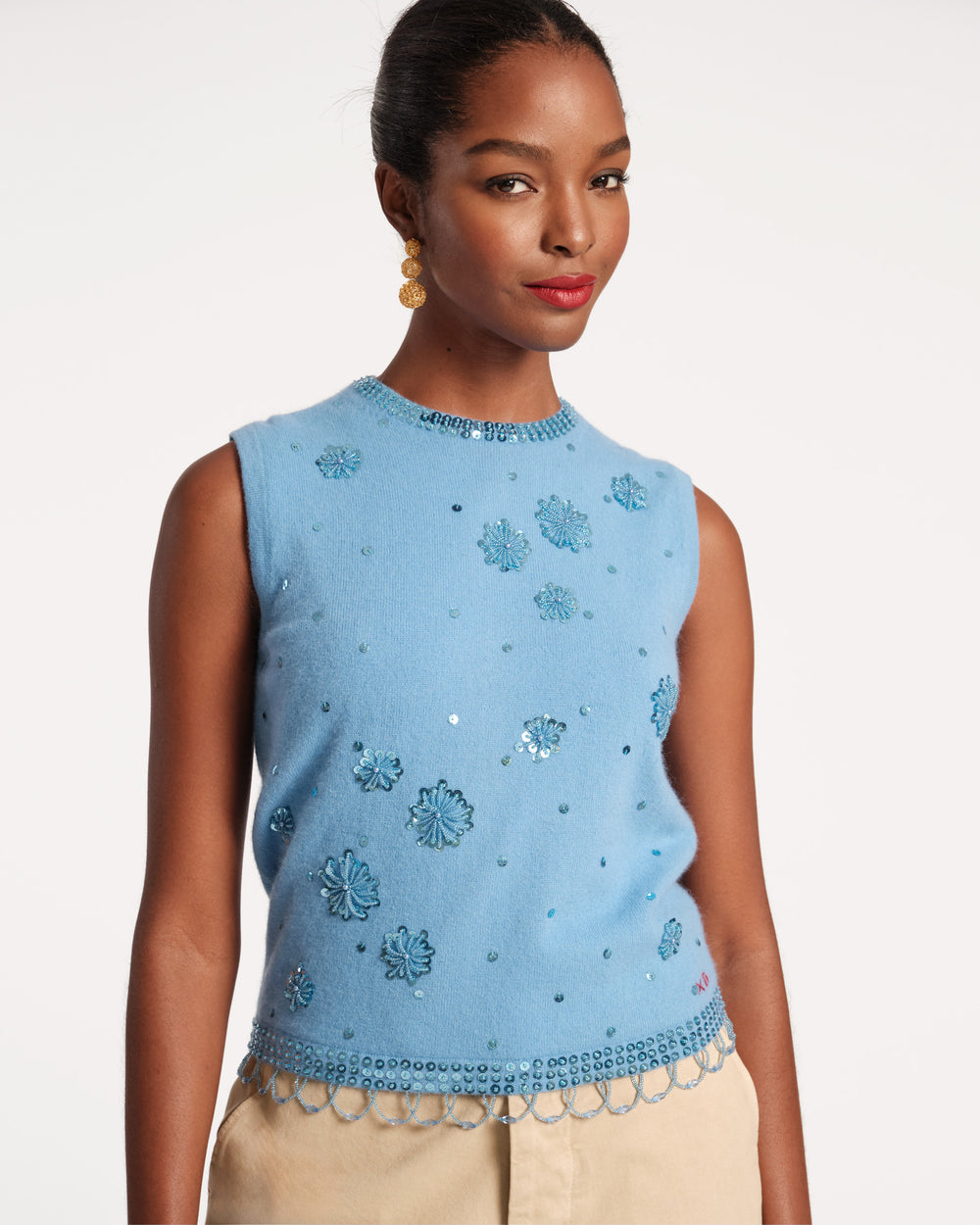 Star Embroidered Knit Shell - Light Blue Tops Frances Valentine