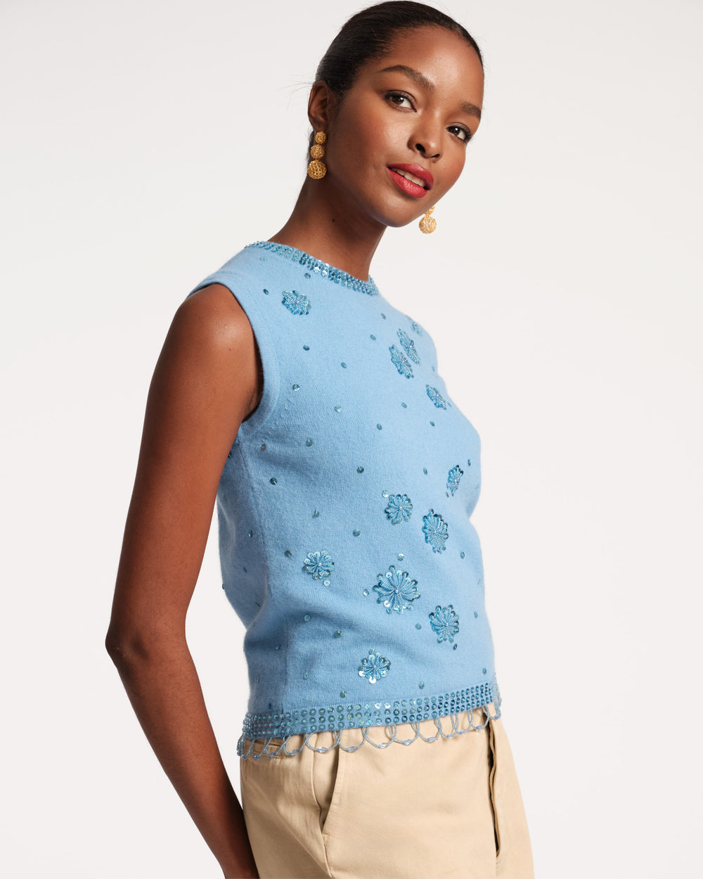 Star Embroidered Knit Shell - Light Blue Tops Frances Valentine