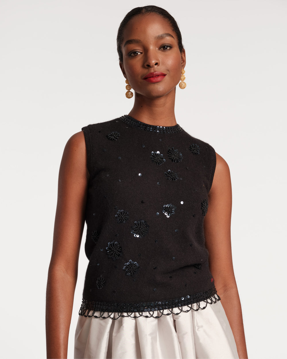 Star Embroidered Knit Shell - Black Tops Frances Valentine