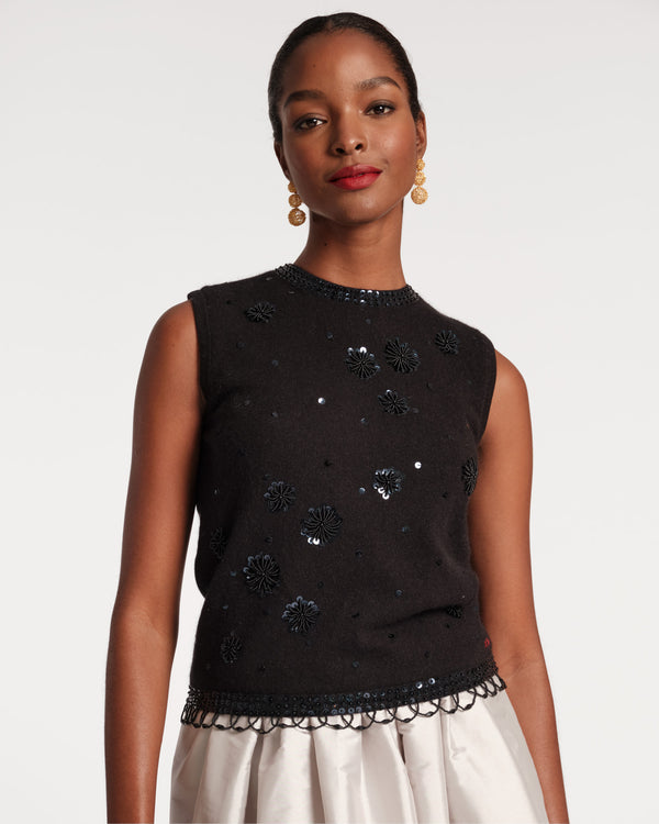 Star Embroidered Knit Shell - Black Tops Frances Valentine