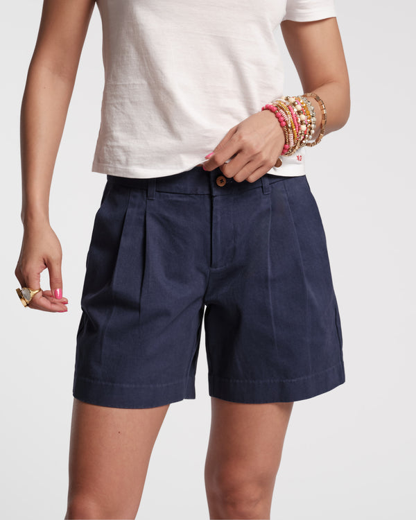Benny Pleated Cotton Short - Navy Shorts Frances Valentine