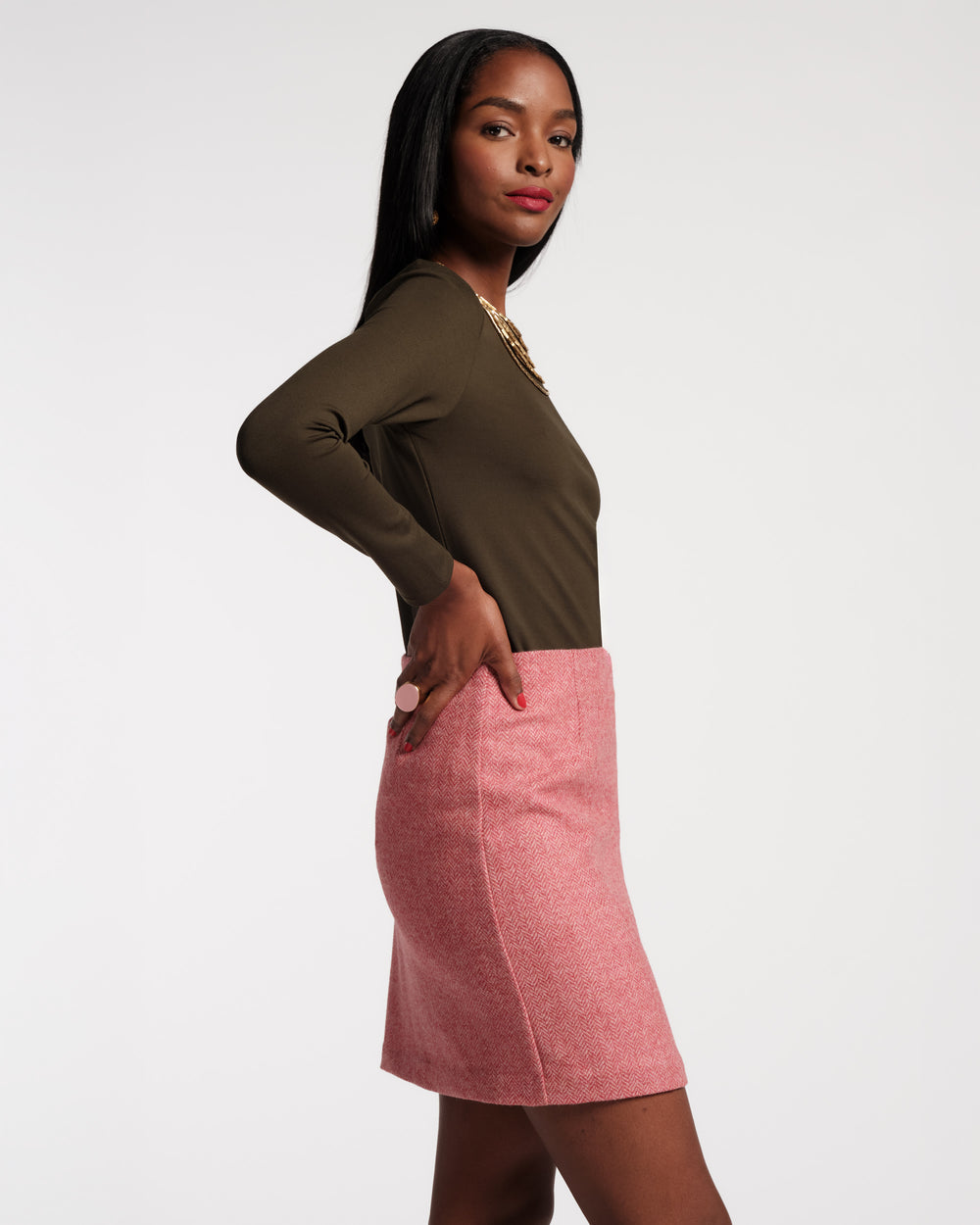 Penelope Mini Skirt - Pink Herringbone Wool Pink Skirts Frances Valentine