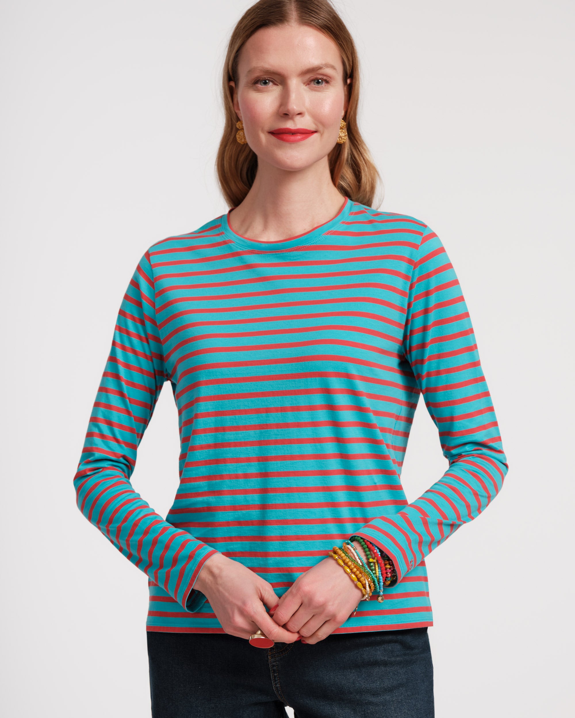 Long Sleeve Striped Shirt - Turquoise Red Tops Frances Valentine