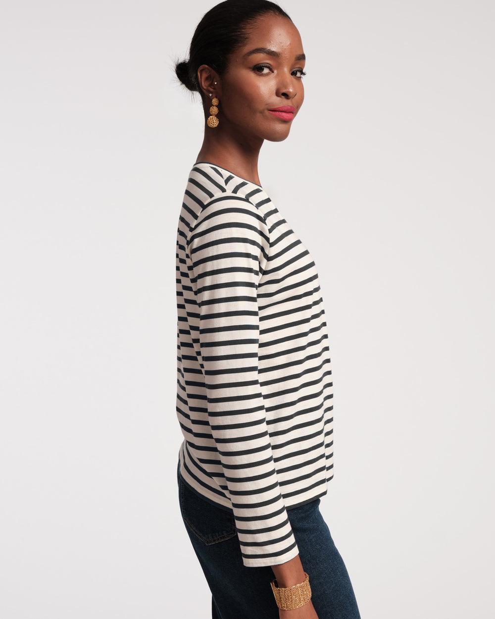 Long Sleeve Striped T Shirt - Oyster/Black Shirt Frances Valentine