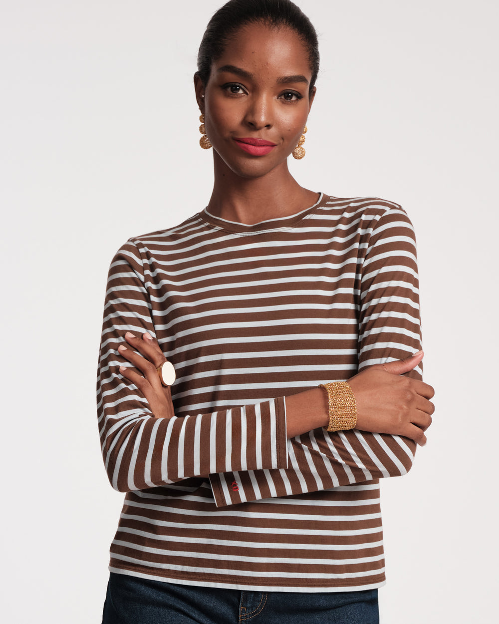 Long Sleeve Striped T Shirt - Brown Blue Tops Frances Valentine