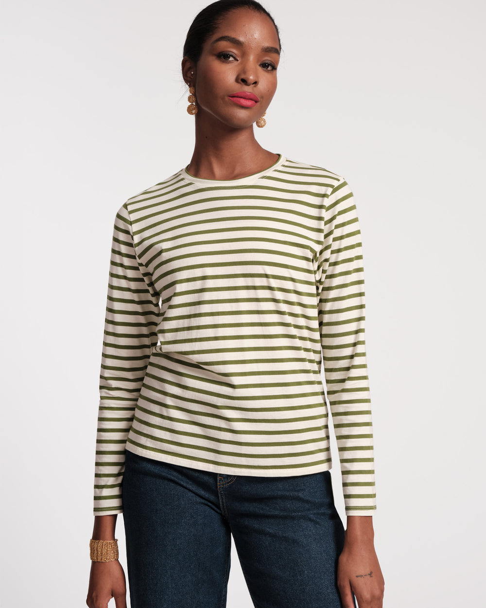 Long Sleeve Striped T Shirt - Oyster Green Tops Frances Valentine