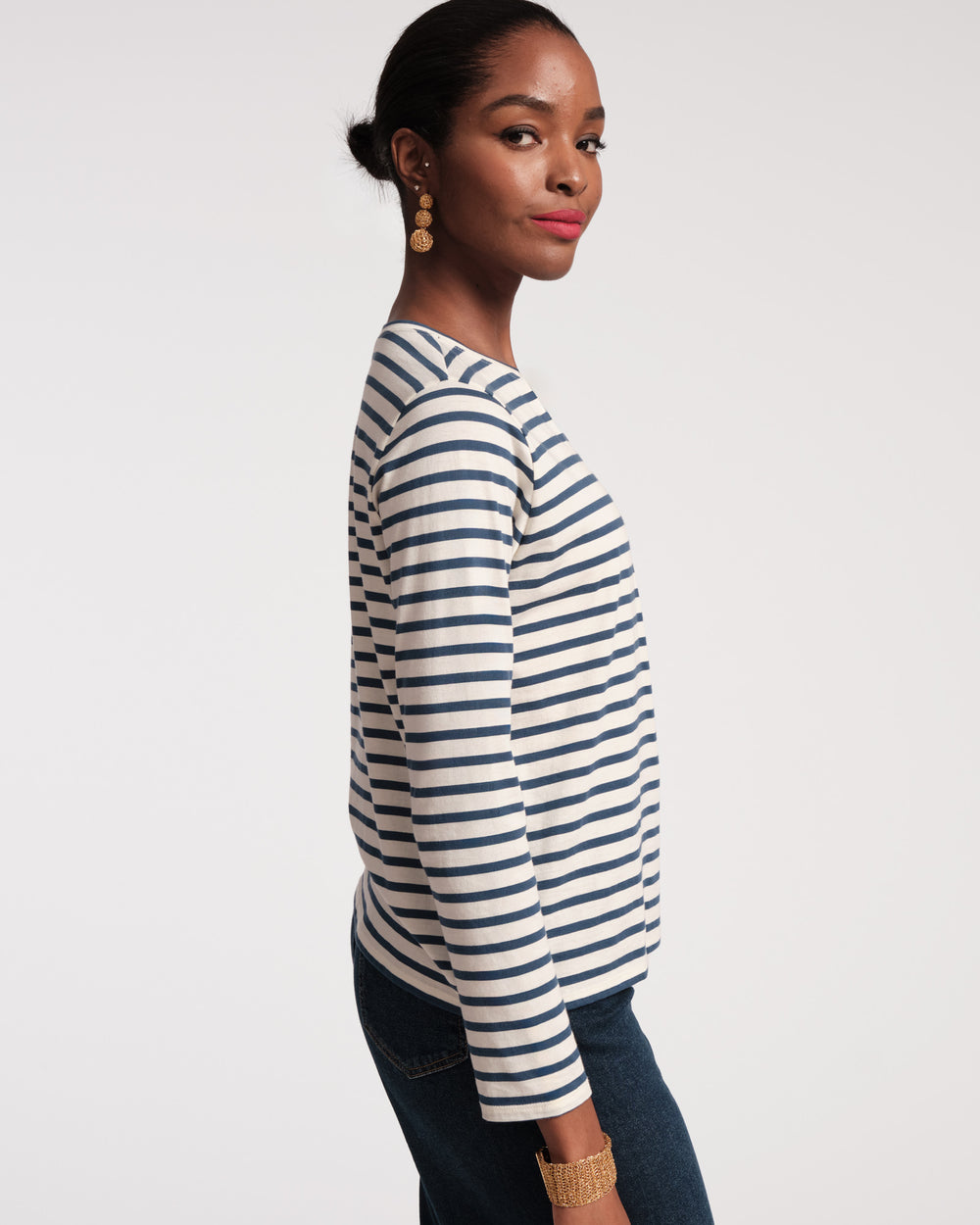 Long Sleeve Striped T Shirt - Oyster Navy Tops Frances Valentine