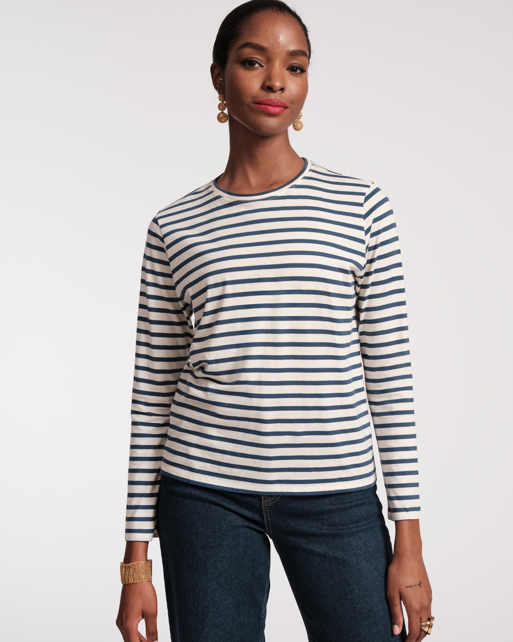 Long Sleeve Striped T Shirt - Oyster Navy Tops Frances Valentine