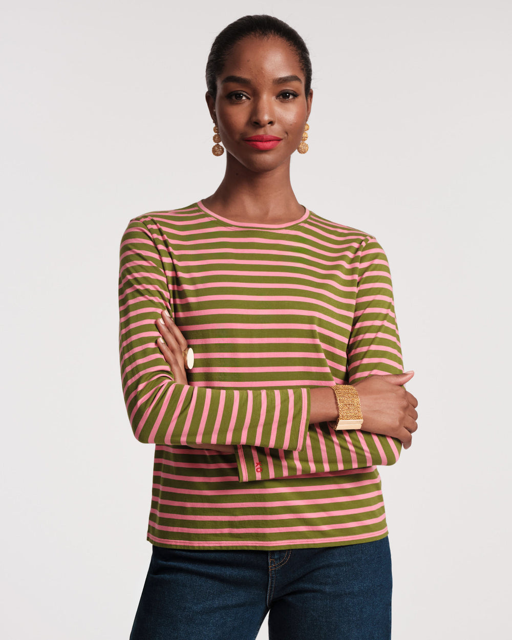 Long Sleeve Striped T Shirt - Green Pink Tops Frances Valentine
