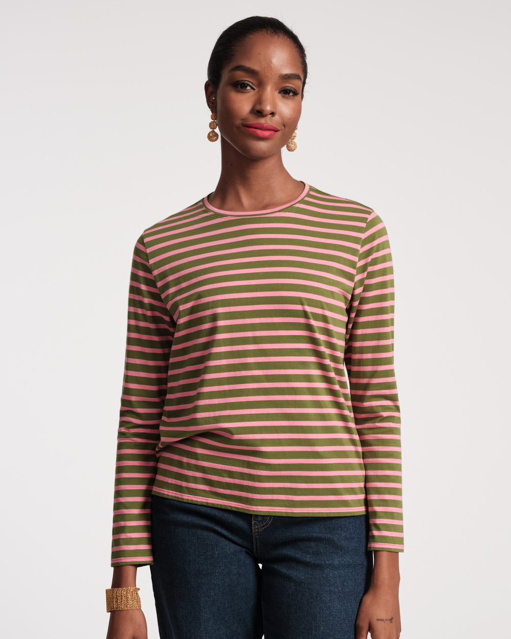 Long Sleeve Striped T Shirt - Green Pink Tops Frances Valentine