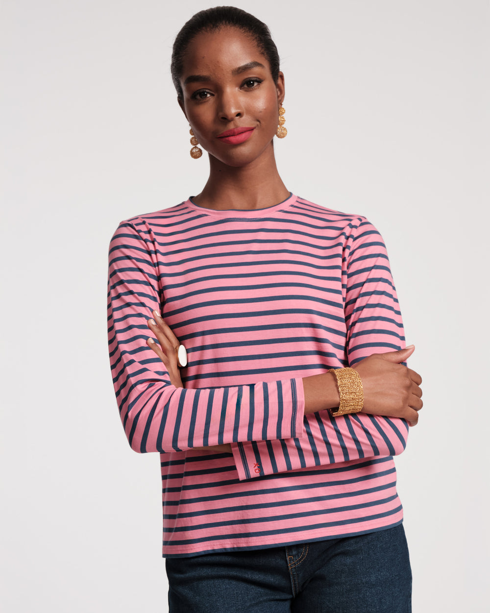 Long Sleeve Striped T Shirt - Pink Navy Tops Frances Valentine