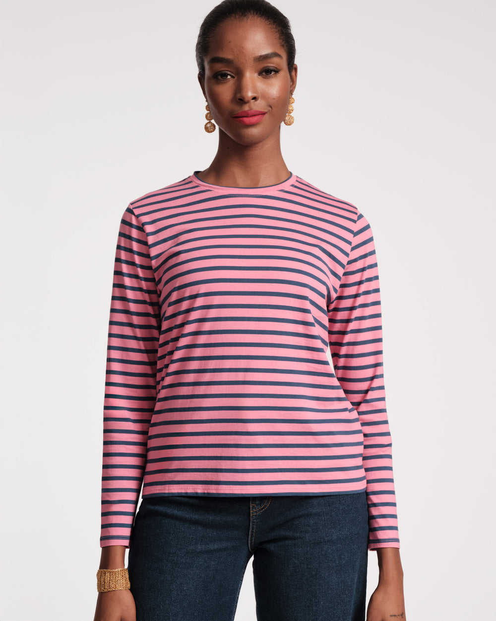 Long Sleeve Striped T Shirt - Pink Navy Tops Frances Valentine
